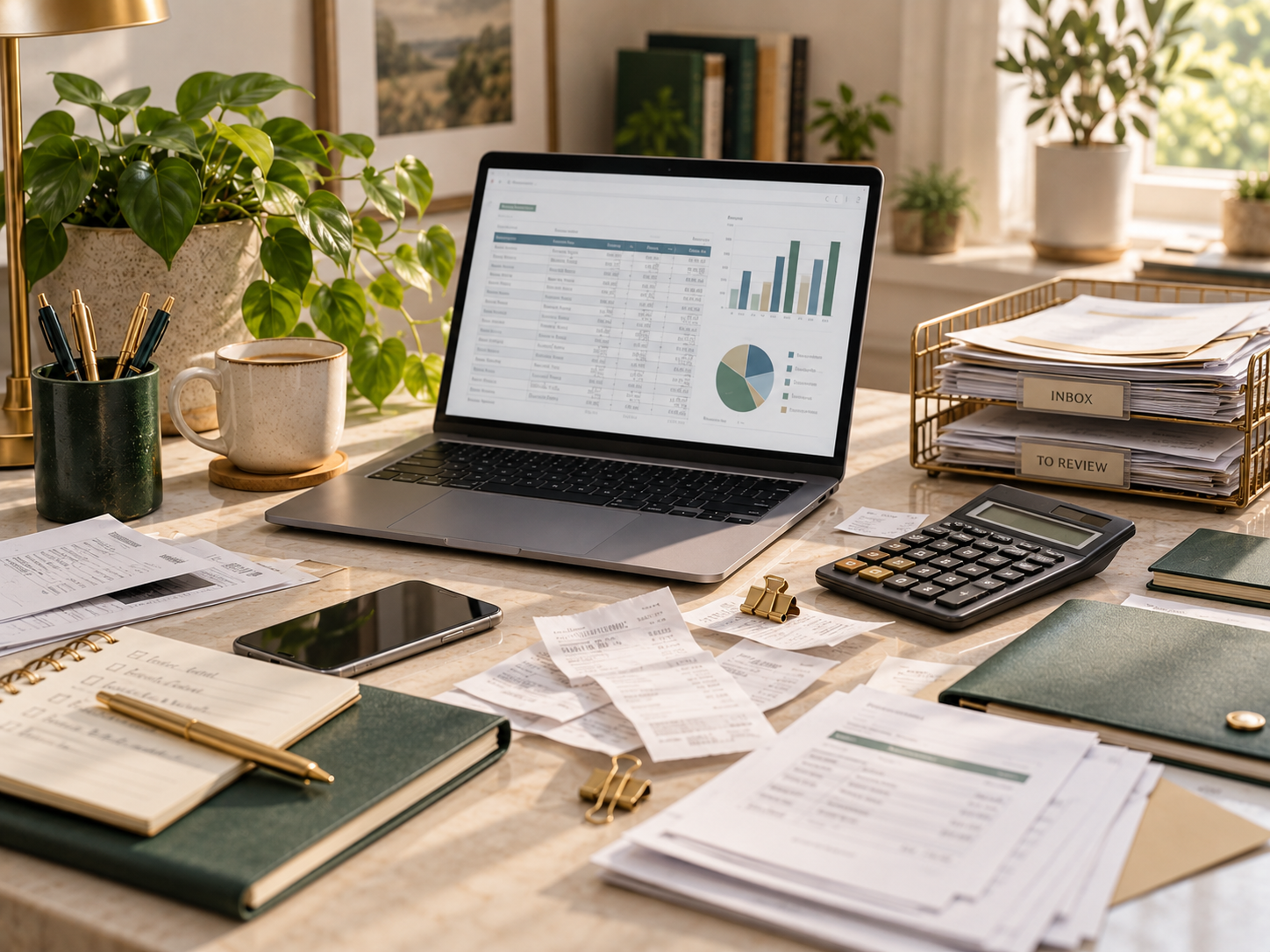 A warm home-office bookkeeping workspace with a laptop, calculator, receipts, and financial documents