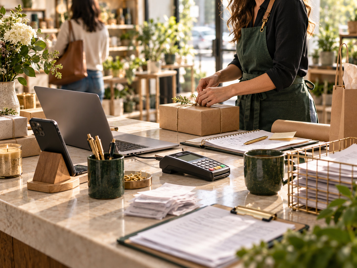 A small-business owner serving customers while bookkeeping paperwork waits nearby